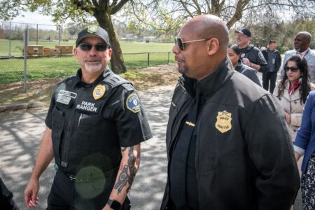 Chief Barnes speaking with a Park Ranger