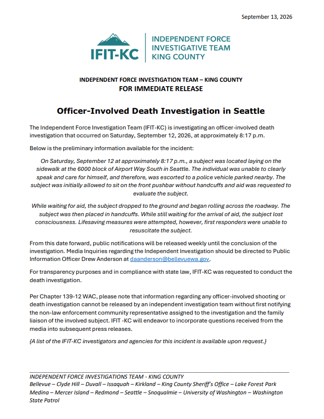 Independent Force Investigative Team – King County (IFIT-KC) Officer-Involved Death – September 12th, 2026
